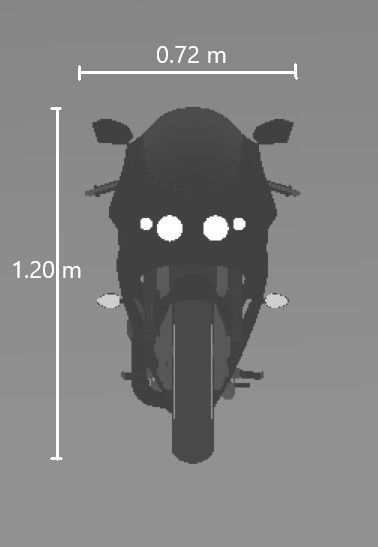 Front view of sports bike. Width is .72 meters. Height is 1.20 meters.