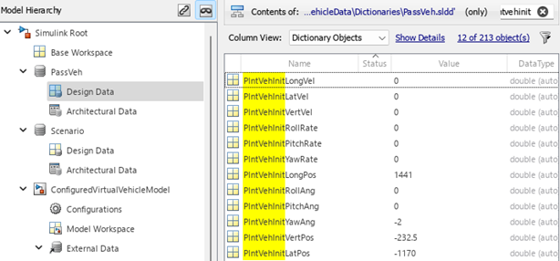 Virtual vehicle template passveh data dictionary