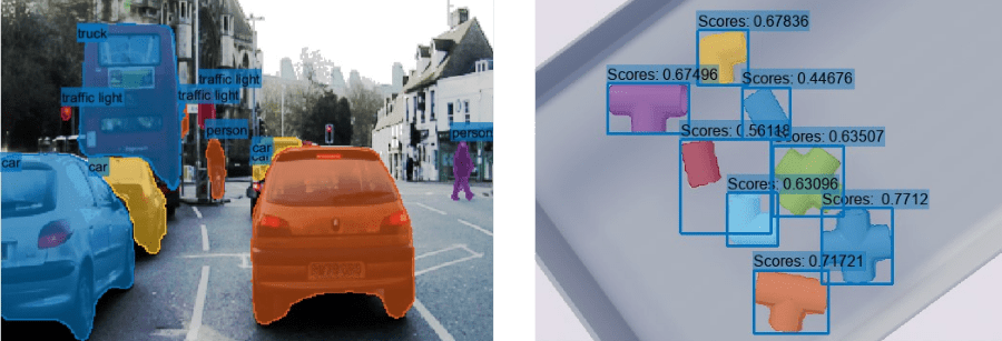 Instance segmentation using SOLOv2: Left — segmented and labeled road scenario using a sample modified RGB image from the CamVid data set, Right — segmented image of PVC pipe connectors