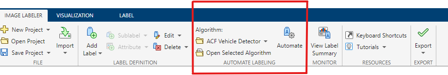 Image labeler app toolstrip highlighting the Automate Labeling section.