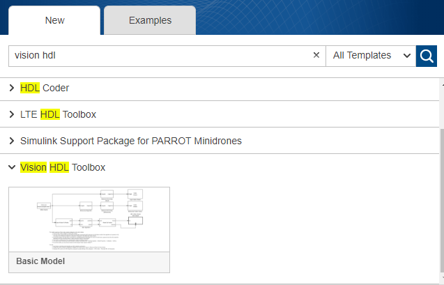 Simulink start page showing results of search for Vision HDL Toolbox templates.