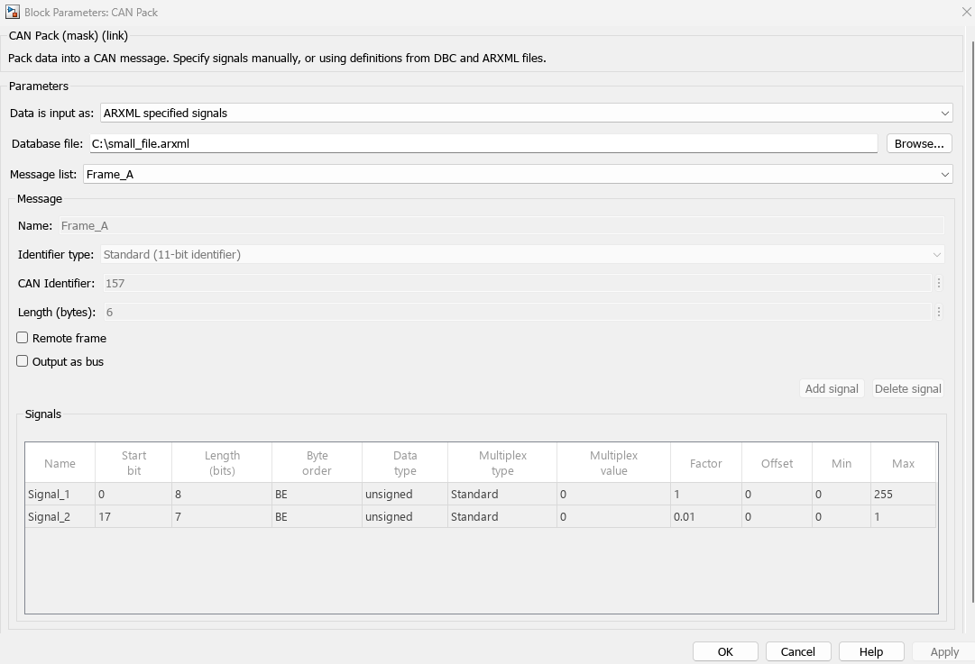 CAN Pack mask for ARXML