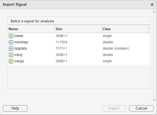 View of import signal window. The list of workspace variables includes single precision, double precision, real and complex-valued signals.
