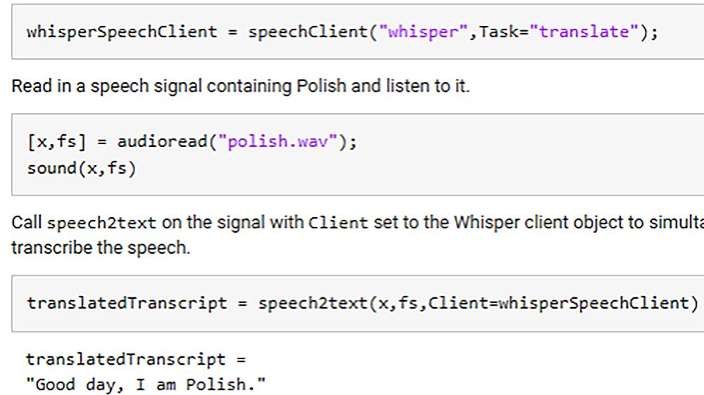 Codifique utilizando la función speech2text con un objeto speechClient no predeterminado para el modelo whisper en modo de traducción.