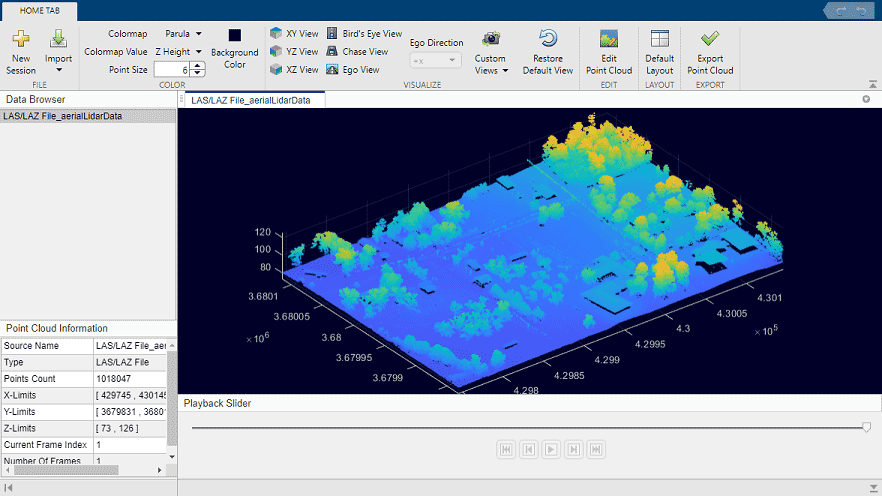 Vista aumentada con zoom de datos de LiDAR en la app Lidar Viewer.