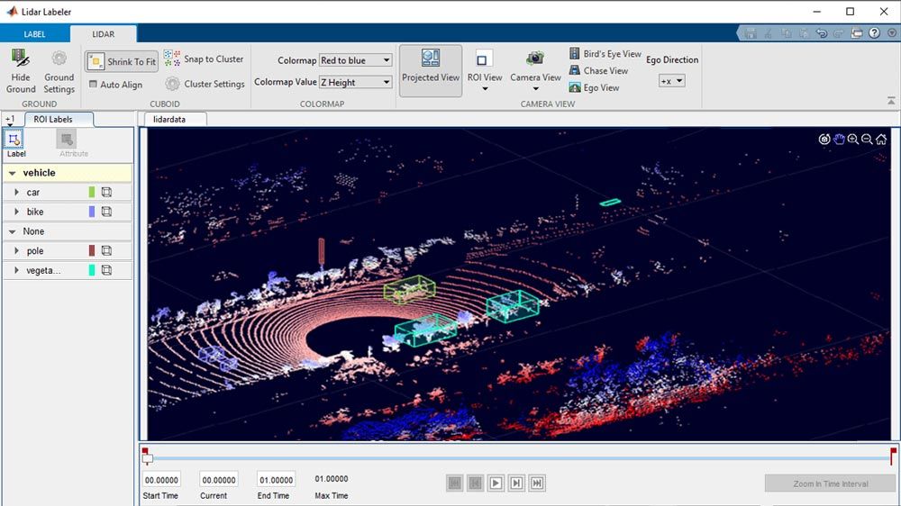 Nube de puntos de un escenario de conducción en autopista en la app Lidar Labeler.