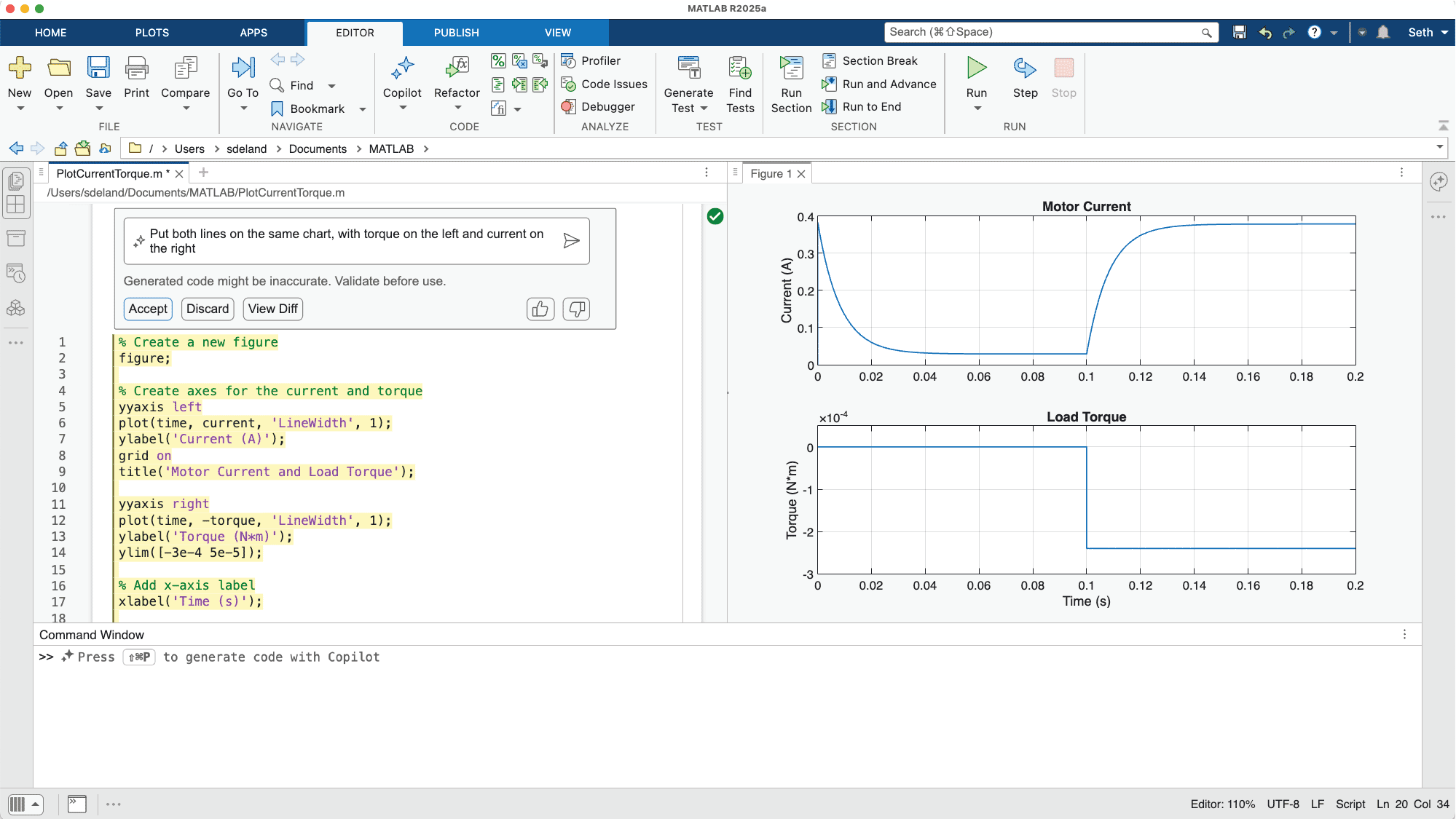 Escritorio de MATLAB con dos gráficas separadas de corriente y par motor, prompt que solicita ambos valores en una misma gráfica, y código nuevo generado que implementa el cambio solicitado. 