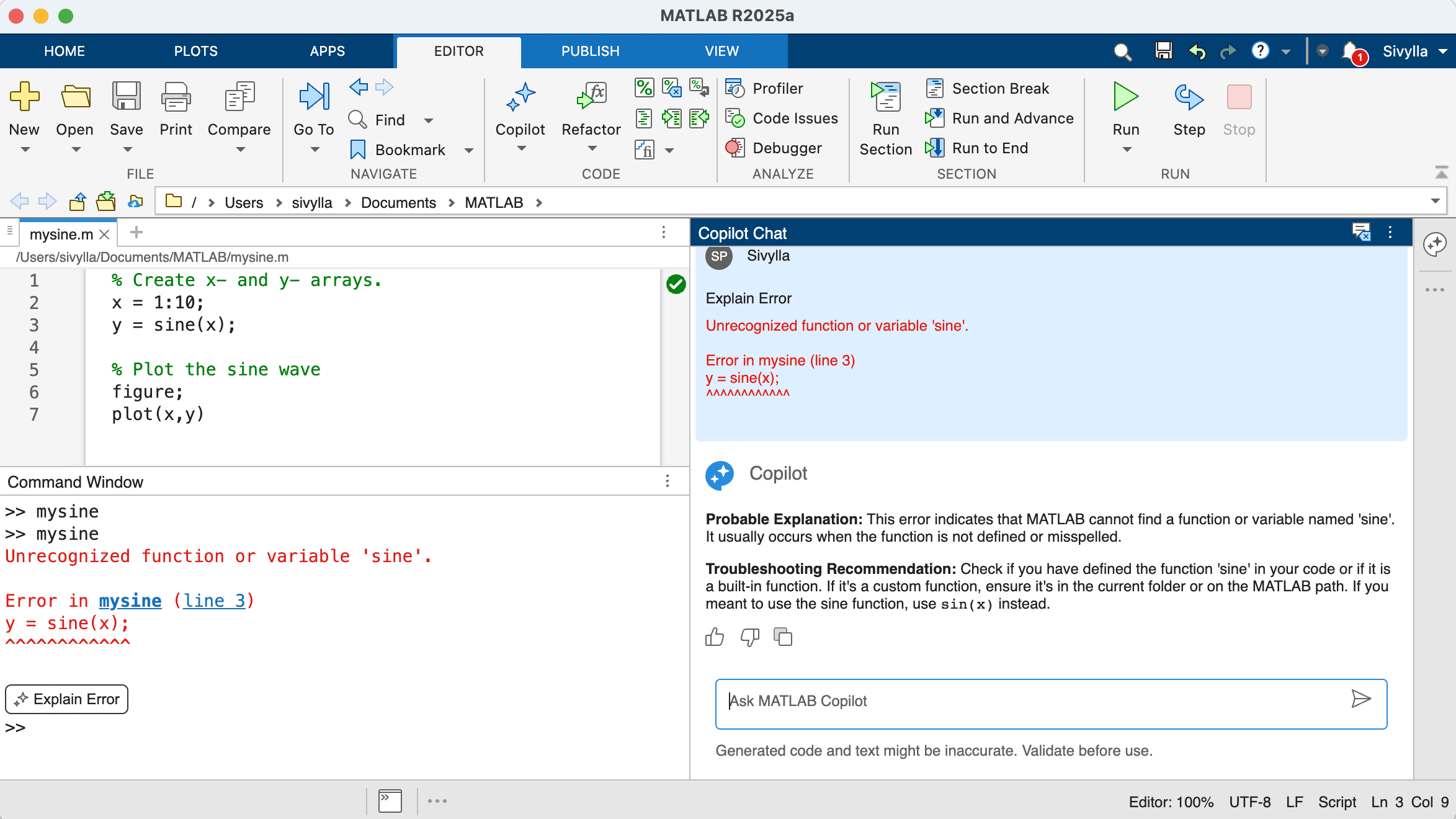 Escritorio de MATLAB con una línea de código que ha generado un error, con explicación y solución proporcionadas por MATLAB Copilot.
