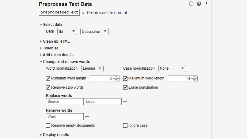 Tarea Preprocess Text Data de Live Editor para preparar datos de texto y analizarlos Resultados de la tarea Preprocess Text Data de Live Editor en forma de nube de palabras.