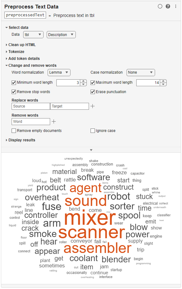 Tarea Preprocess Text Data de Live Editor para preparar datos de texto y analizarlos Resultados de la tarea Preprocess Text Data de Live Editor en forma de nube de palabras.