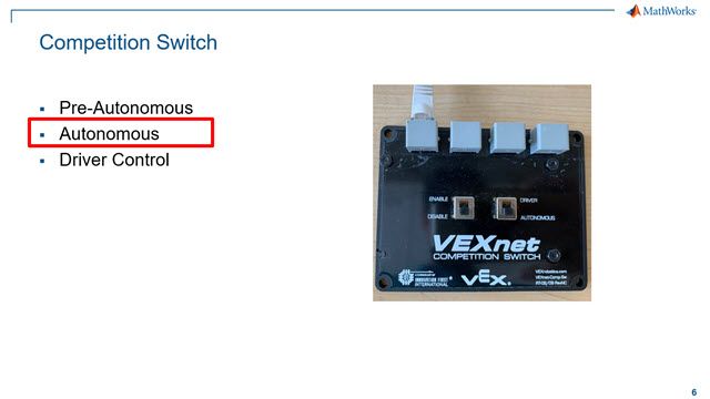 Program Autonomous and Driver Control modes that are triggered by either the VEX Robotics Competition Switch or Gamepad using MATLAB and Simulink.